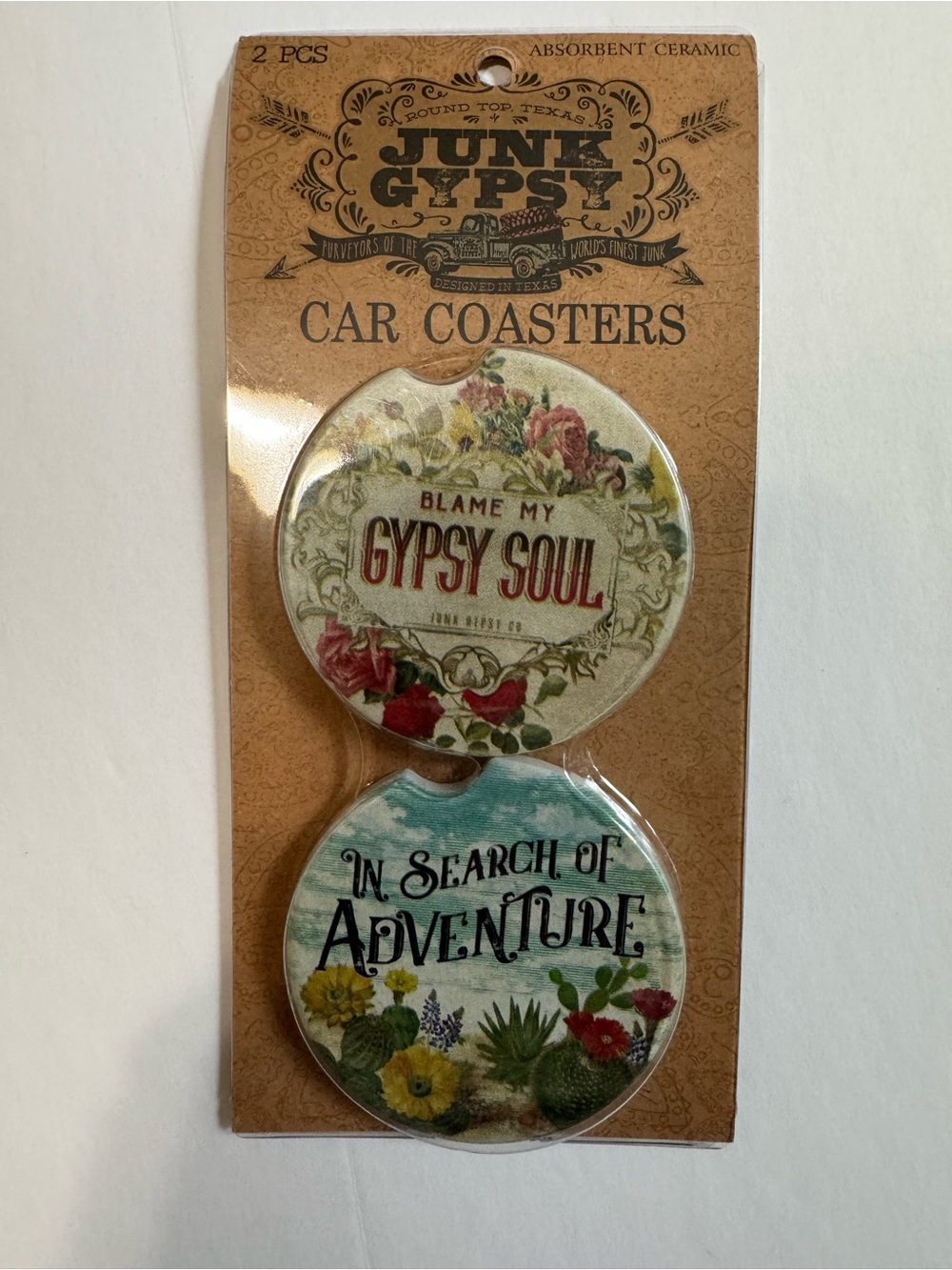 Junk Gypsy Car Coasters Set 2 Absorbent Ceramic Gypsy Soul Adventure WJG2137 NWT